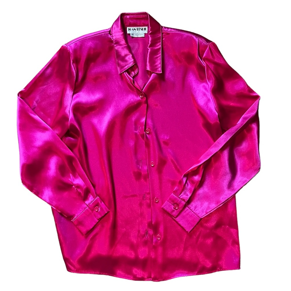Neon pink metallic button down blouse with shoulder pads